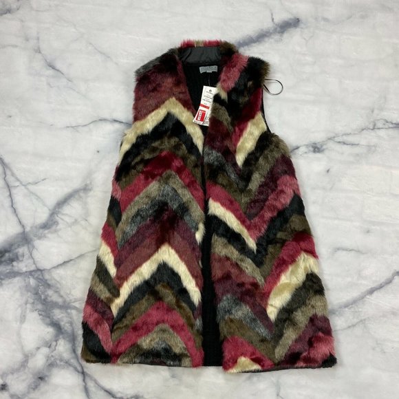 Joseph A Faux Fur Longline Vest Size XS Large Wine Chevron J2F129057D19NR Open - Picture 4 of 7